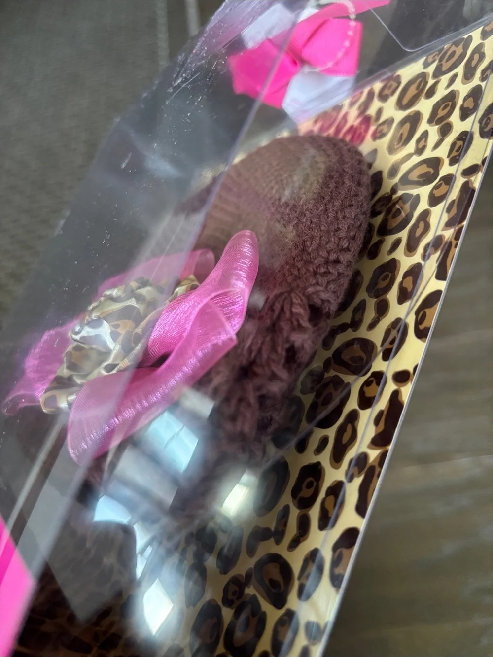 Baby Essentials Crochet 100% cotton stretch hat,leopard flower,pink organza bow